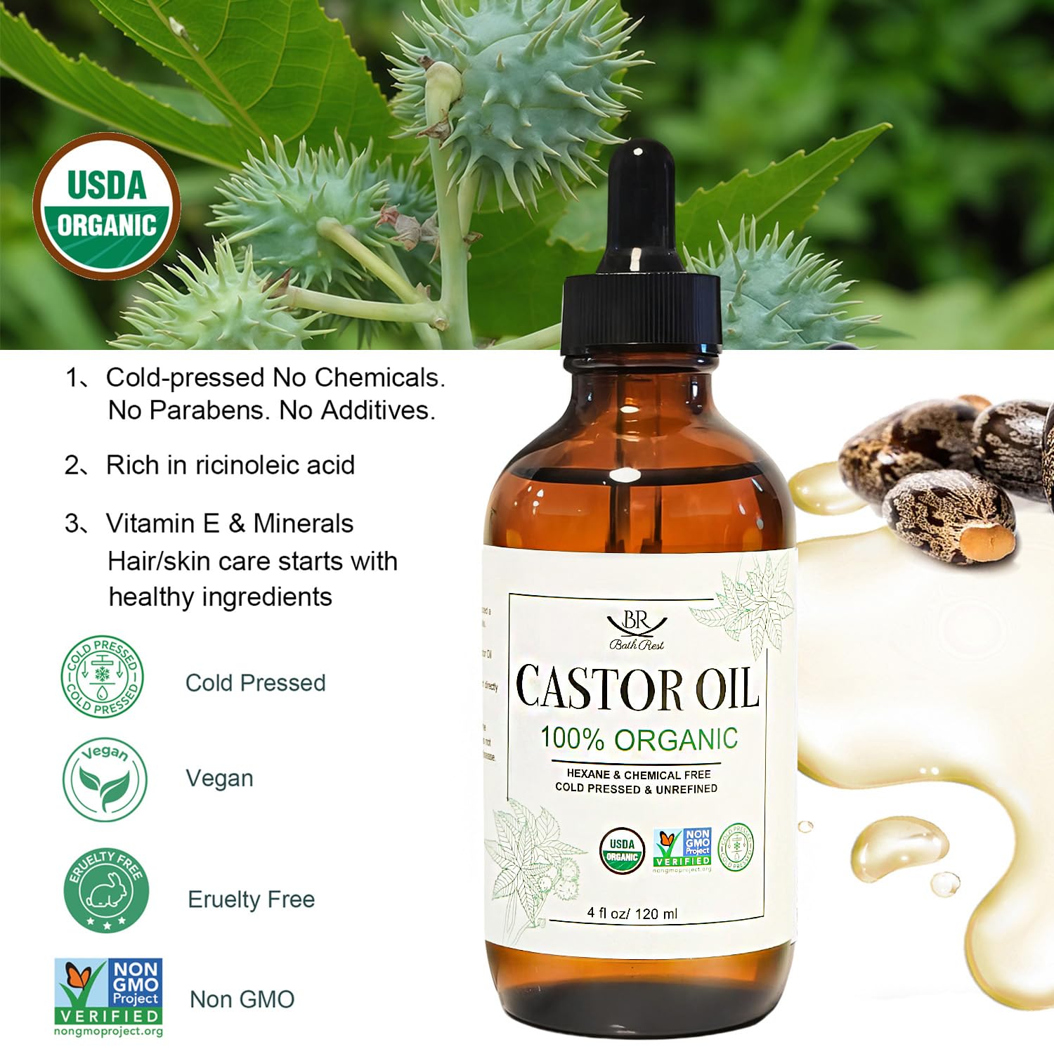 Bathrest Castor Oil amber glass bottle protects purity and potency