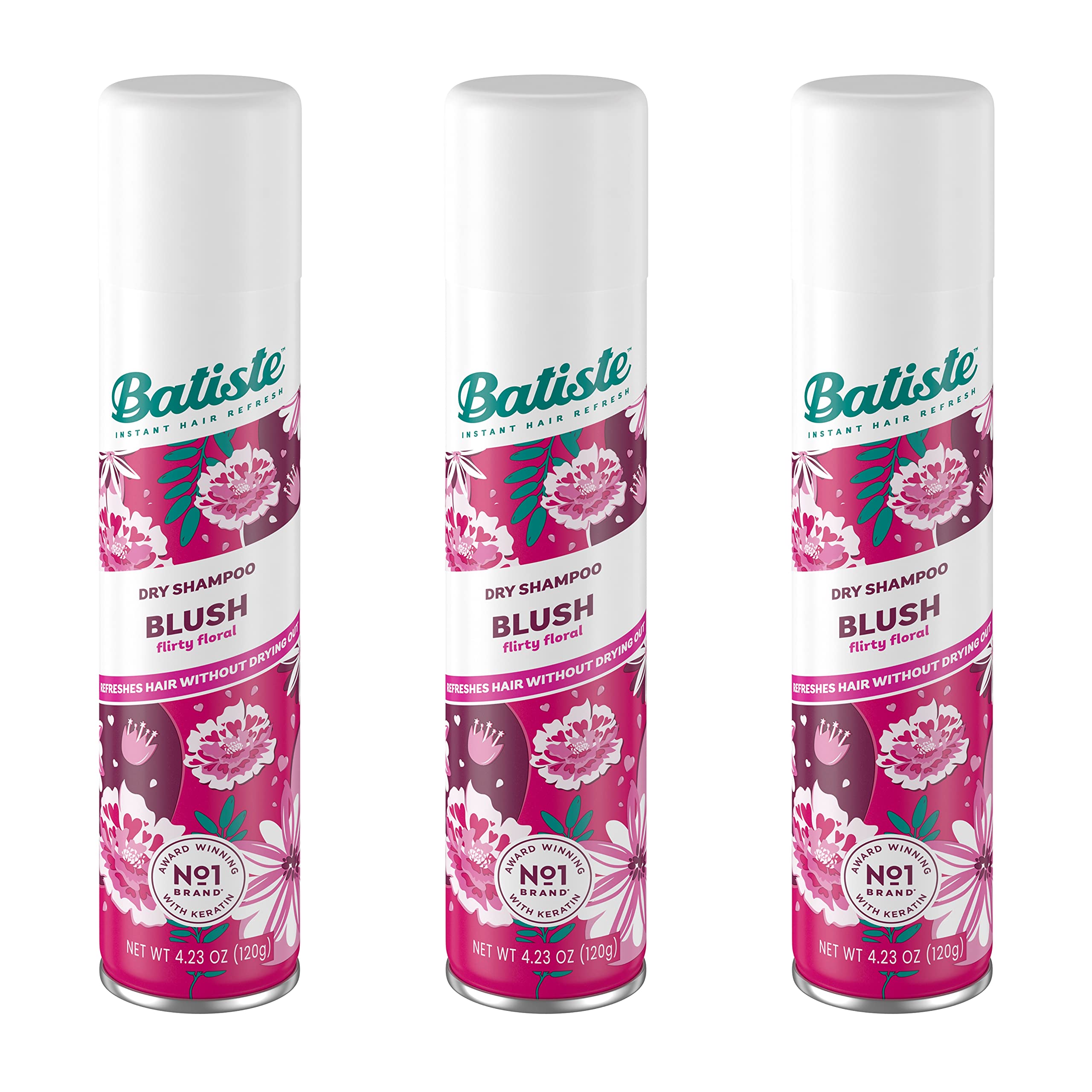 Batiste Blush Dry Shampoo bottle offers fragrance-ready refresh for roots.