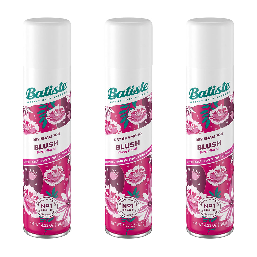 Batiste Blush Dry Shampoo bottle offers fragrance-ready refresh for roots.
