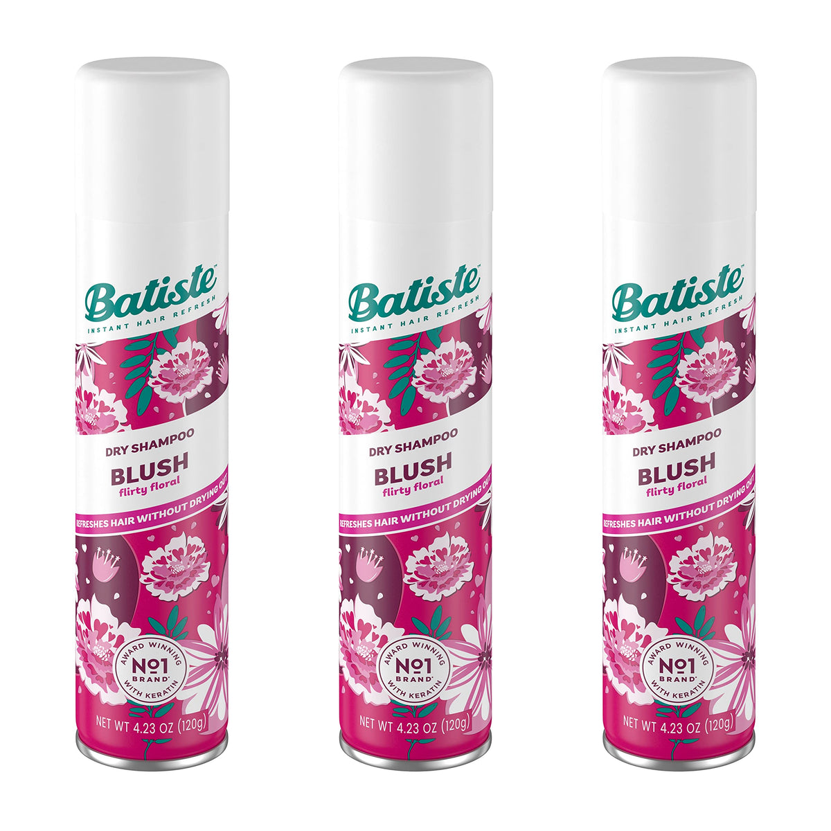 Batiste Blush Dry Shampoo bottle offers fragrance-ready refresh for roots.