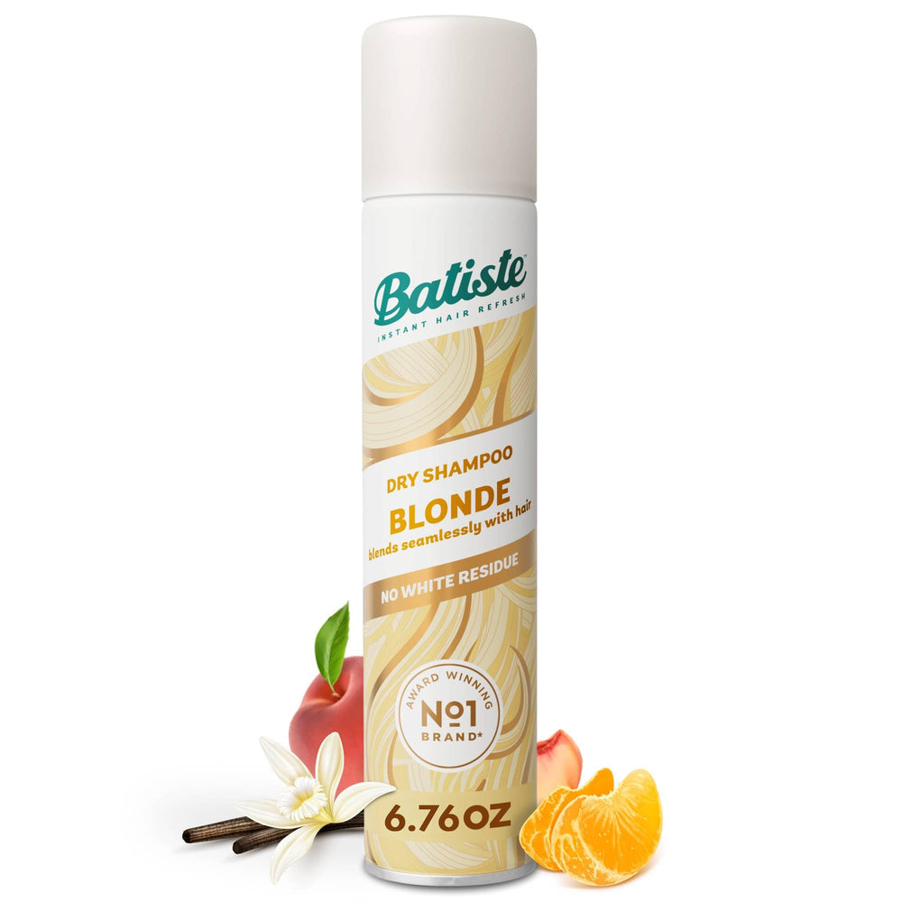 Batiste Brilliant Blonde dry shampoo bottle with color tint blends with blonde hair