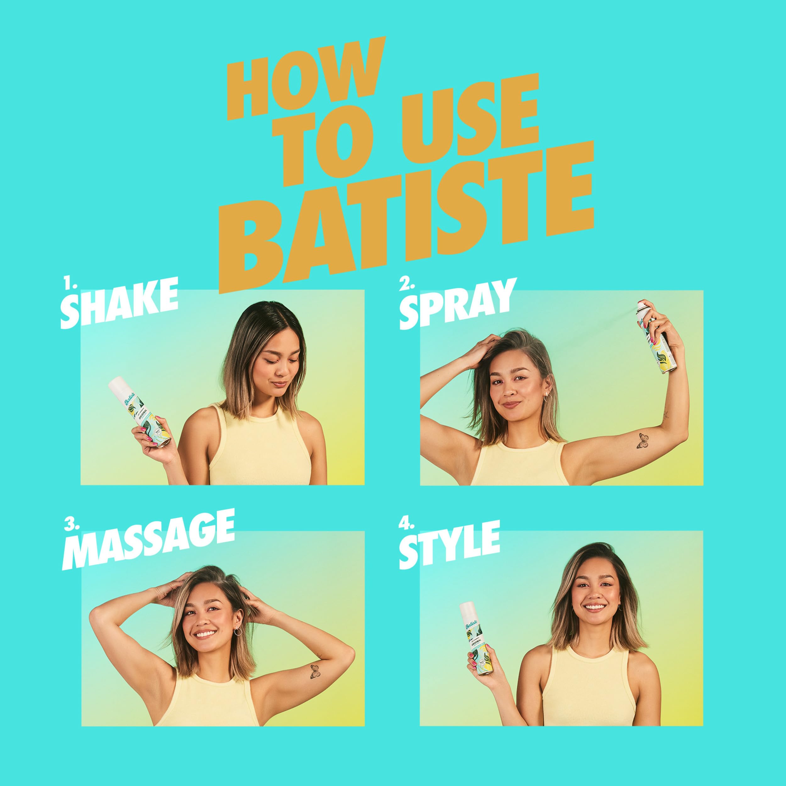 Batiste Brilliant Blonde dry shampoo massage into hair for even texture.