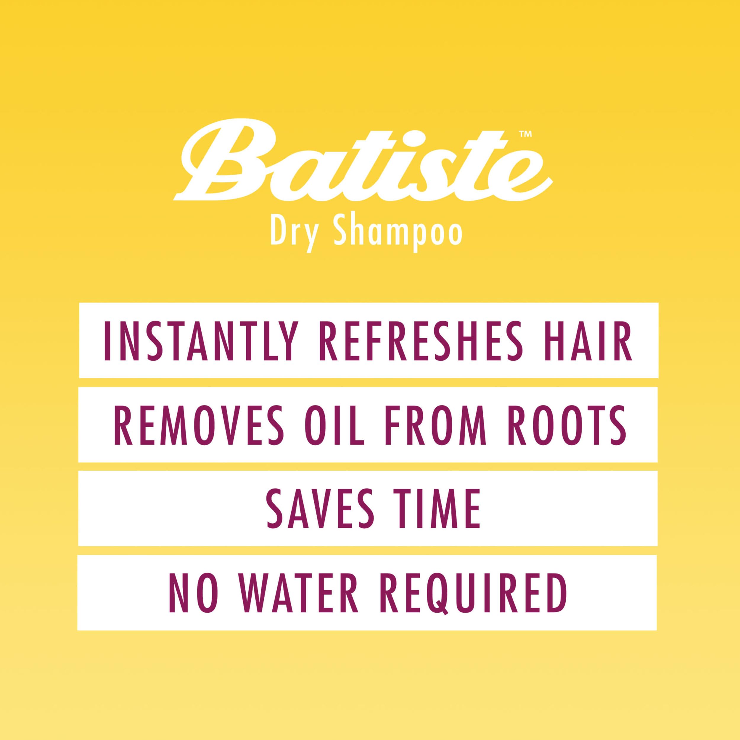 Batiste Brilliant Blonde dry shampoo absorbs oils at roots for refreshed hair.