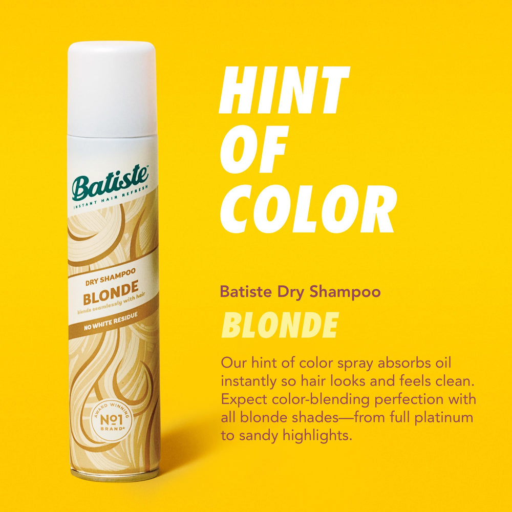 Batiste Brilliant Blonde dry shampoo spray-on application for quick roots refresh.