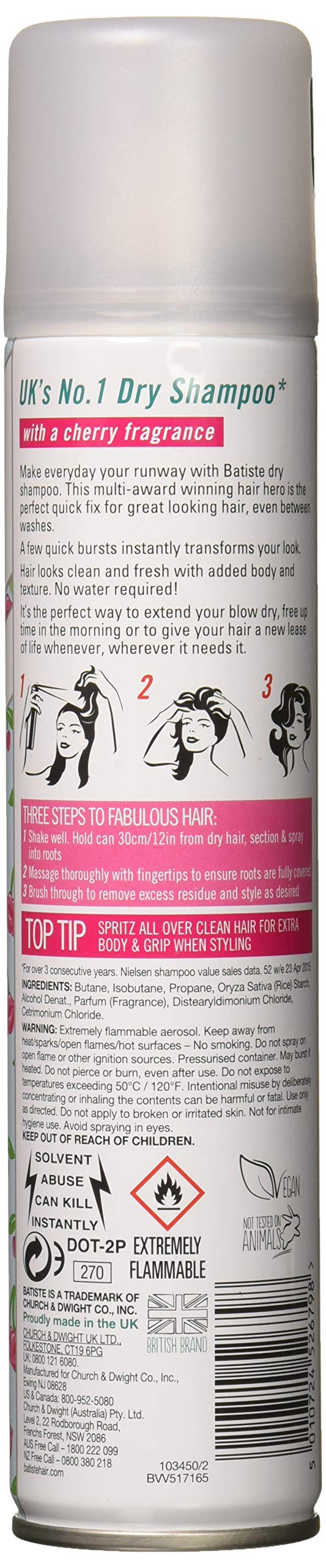 Batiste Dry Cherry can close-up highlights oil-absorption for all hair types.