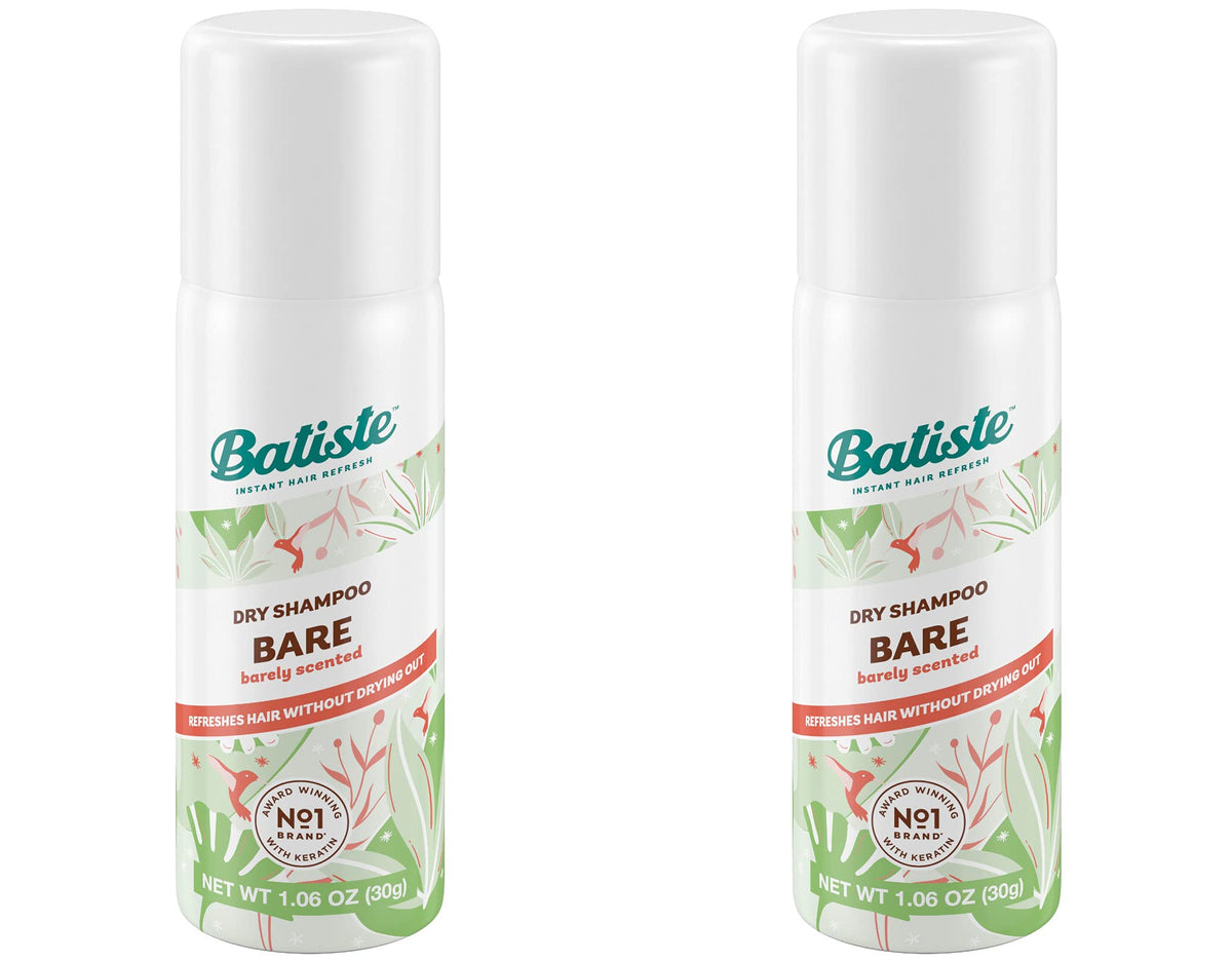 Batiste Dry Shampoo Bare mini travel-size bottle showcasing compact travel-friendly packaging for quick refresh.