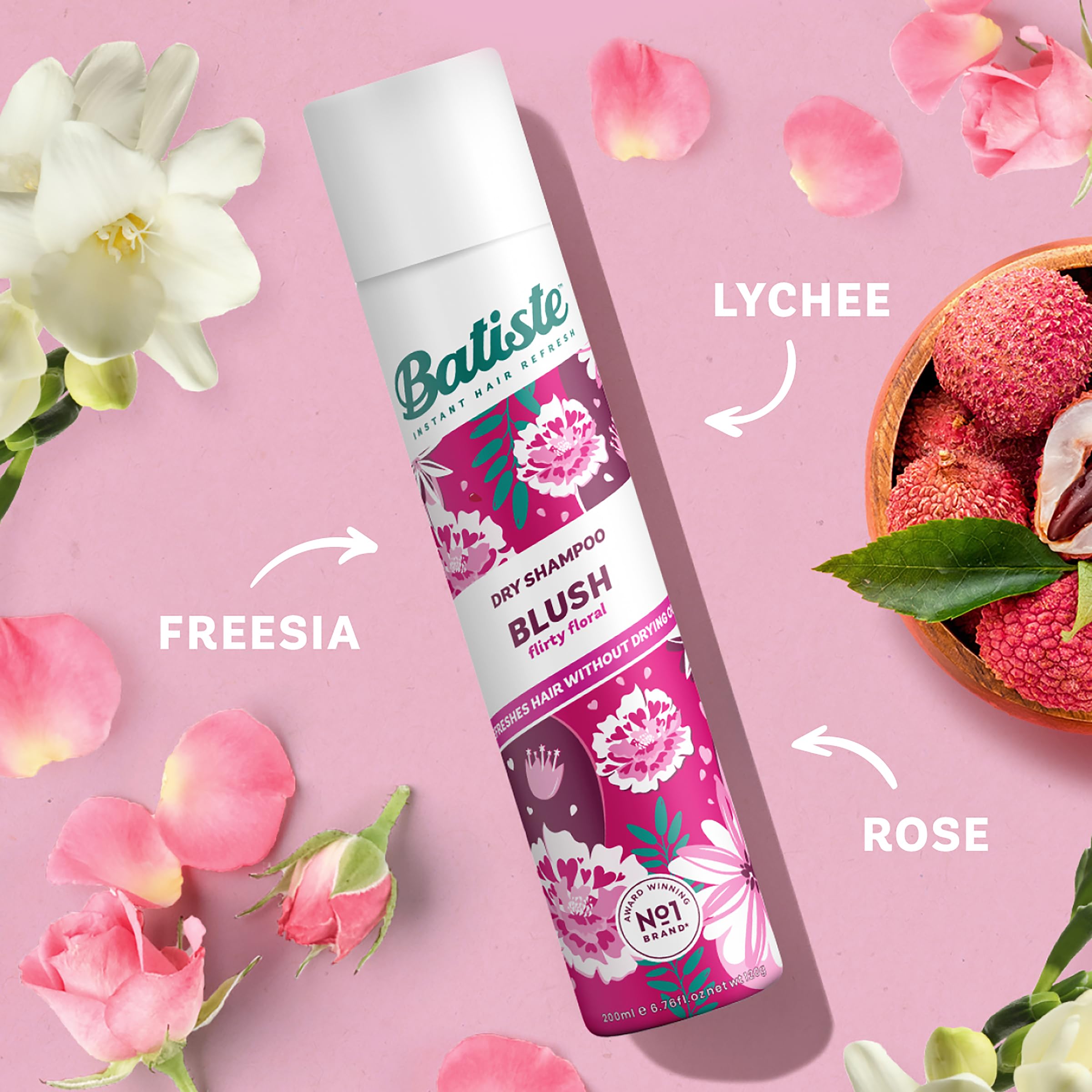Batiste Dry Shampoo Blush spray mist in action for instant refresh