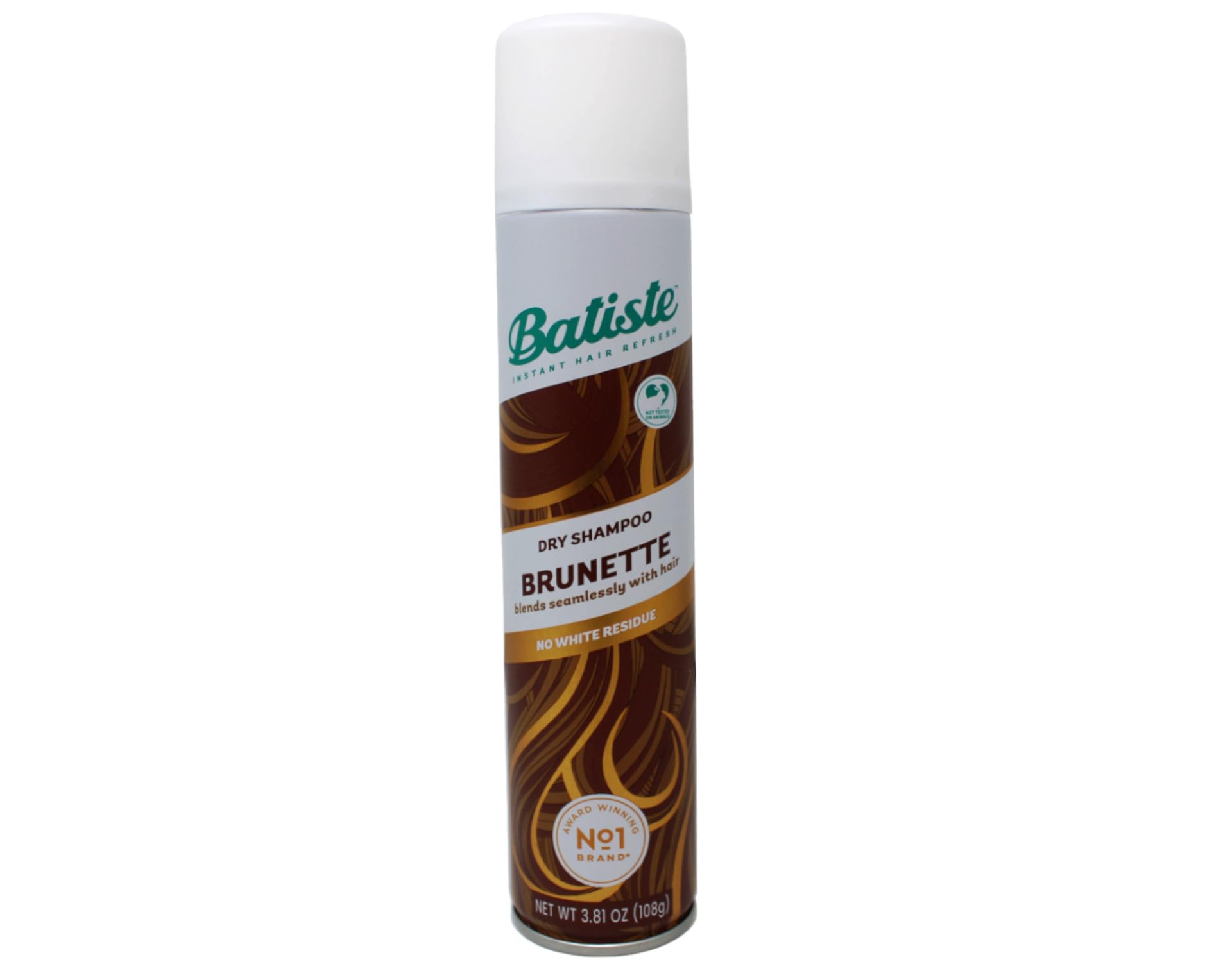 Batiste Dry Shampoo Brunette bottle close-up highlights lightweight oil-absorbing formula.