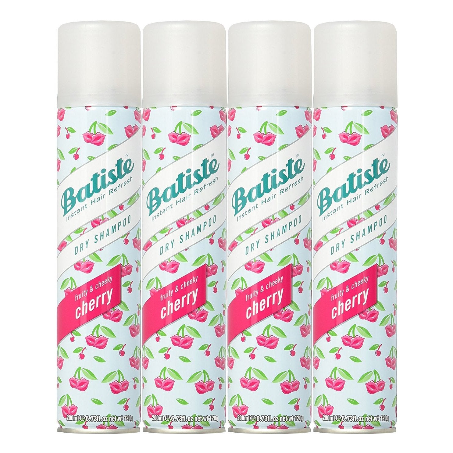 Batiste Cherry dry shampoo can, pack four, quick refresh between washes