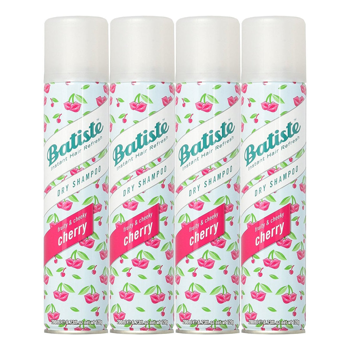 Batiste Cherry dry shampoo can, pack four, quick refresh between washes