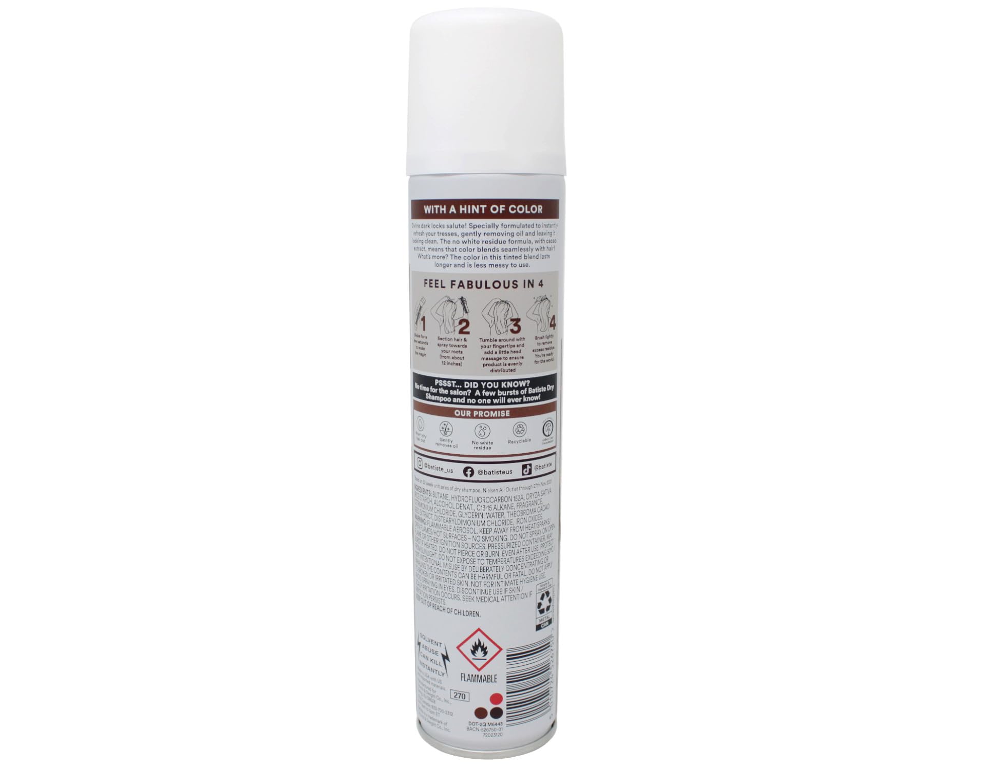 Batiste dry shampoo for dark hair close-up on root highlights oil absorption and lift.