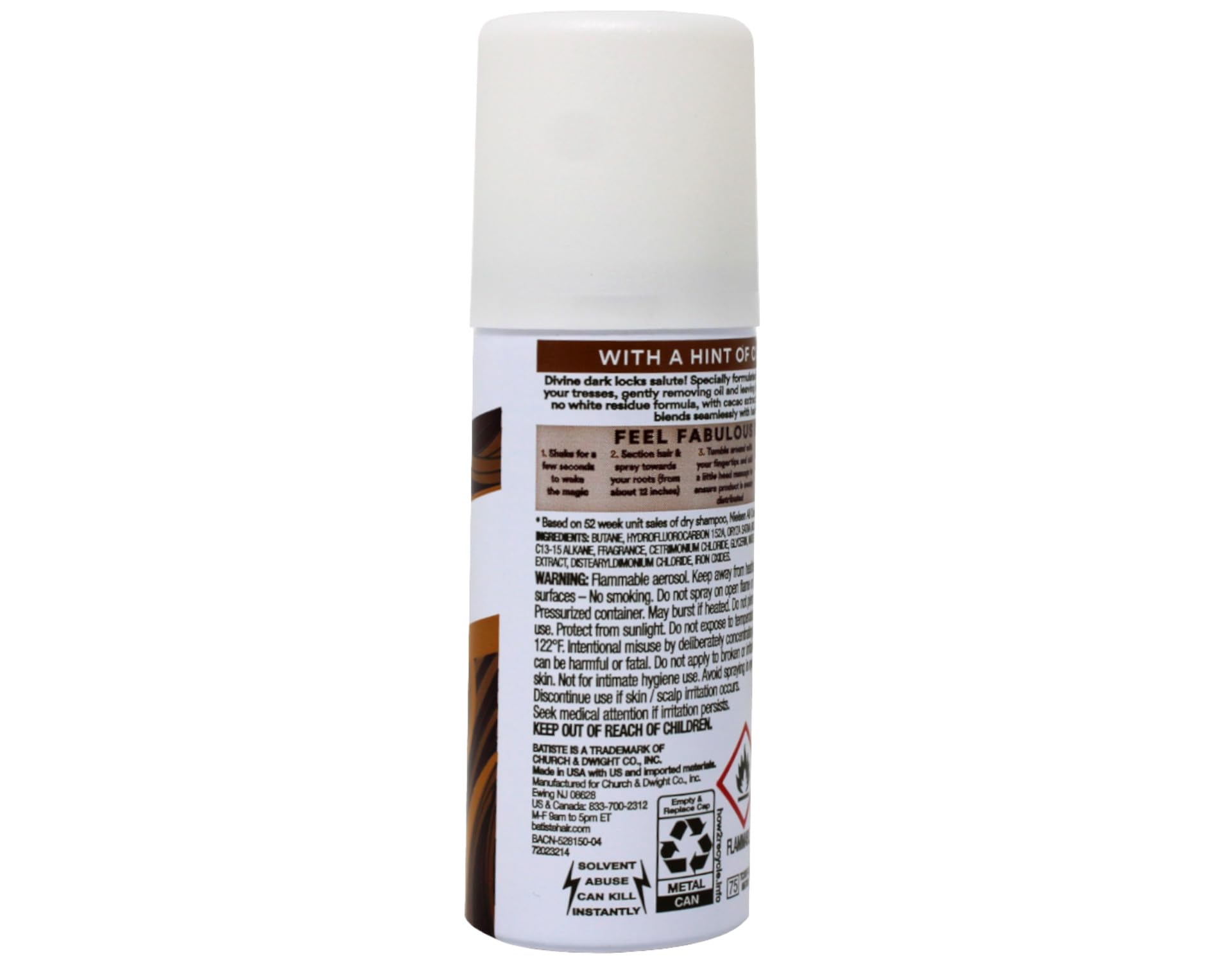 Batiste Dry Shampoo Dark mini label detail shows color-matched formula for darker hair.