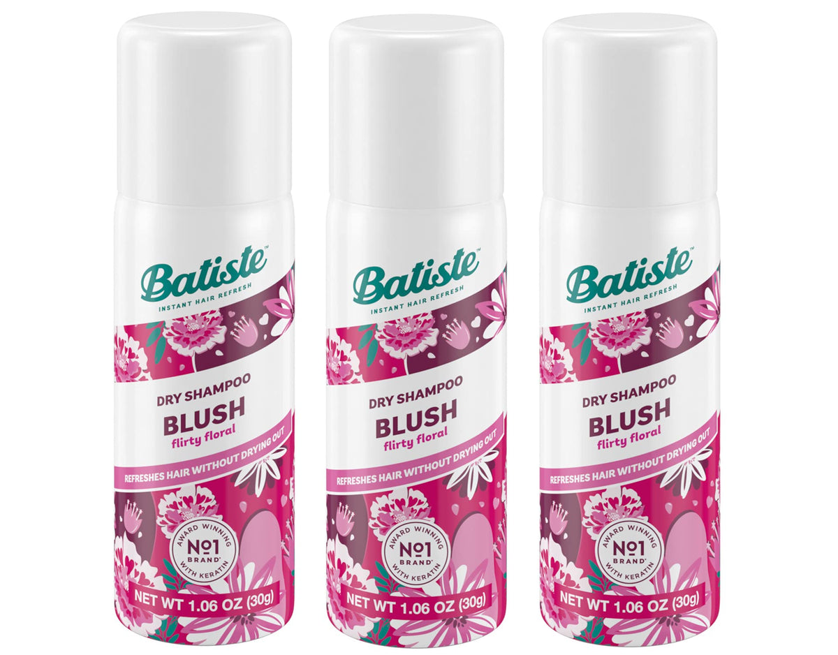 Batiste Floral & Fruity Blush dry shampoo bottle close-up for fast refresh