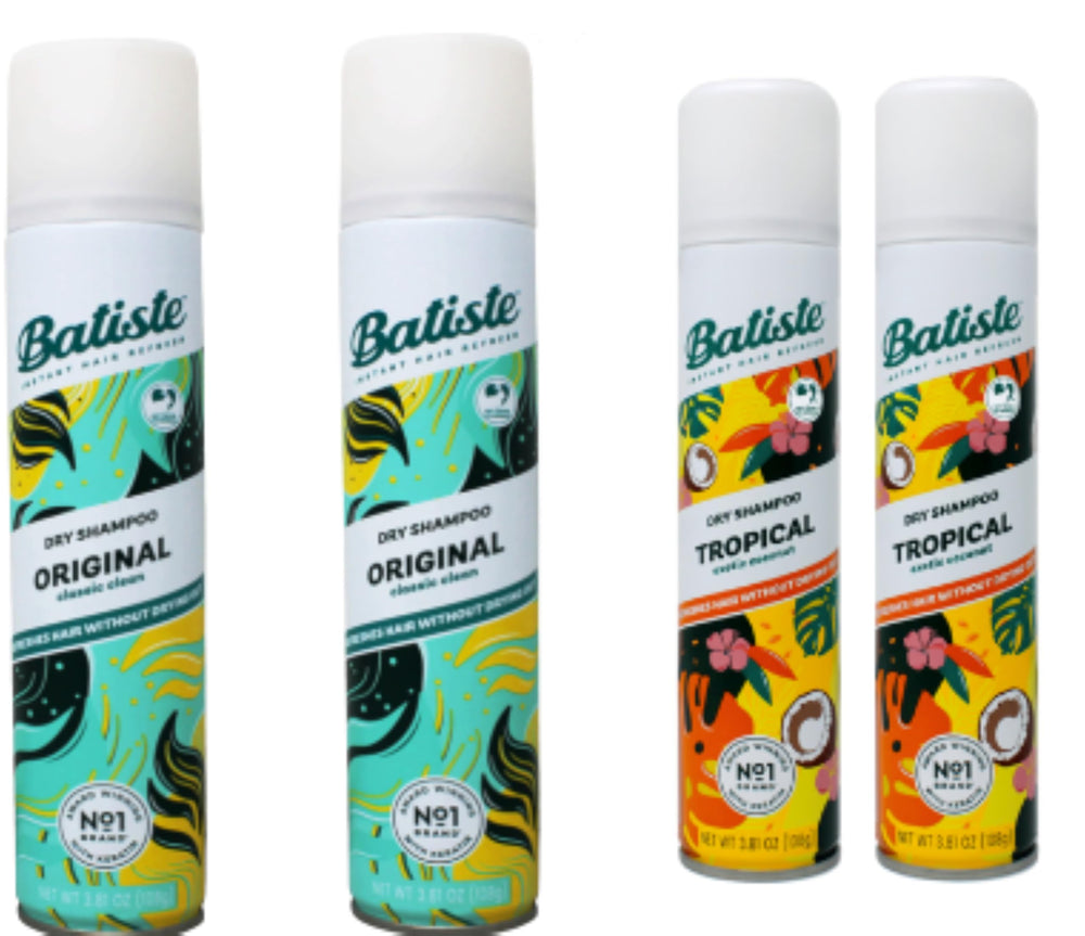 Batiste Dry Shampoo Four-Pack front view with Original Clean and Tropical scents for quick refresh.