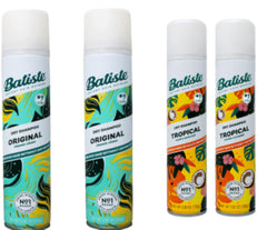 Batiste Dry Shampoo Four-Pack front view with Original Clean and Tropical scents for quick refresh.