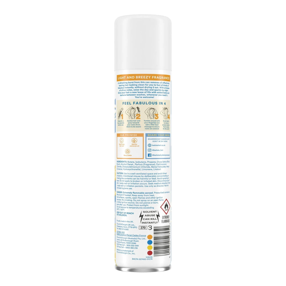 Batiste Dry Shampoo Fresh Breezy Citrus pack-of-6 box showcases convenient hair refresh.