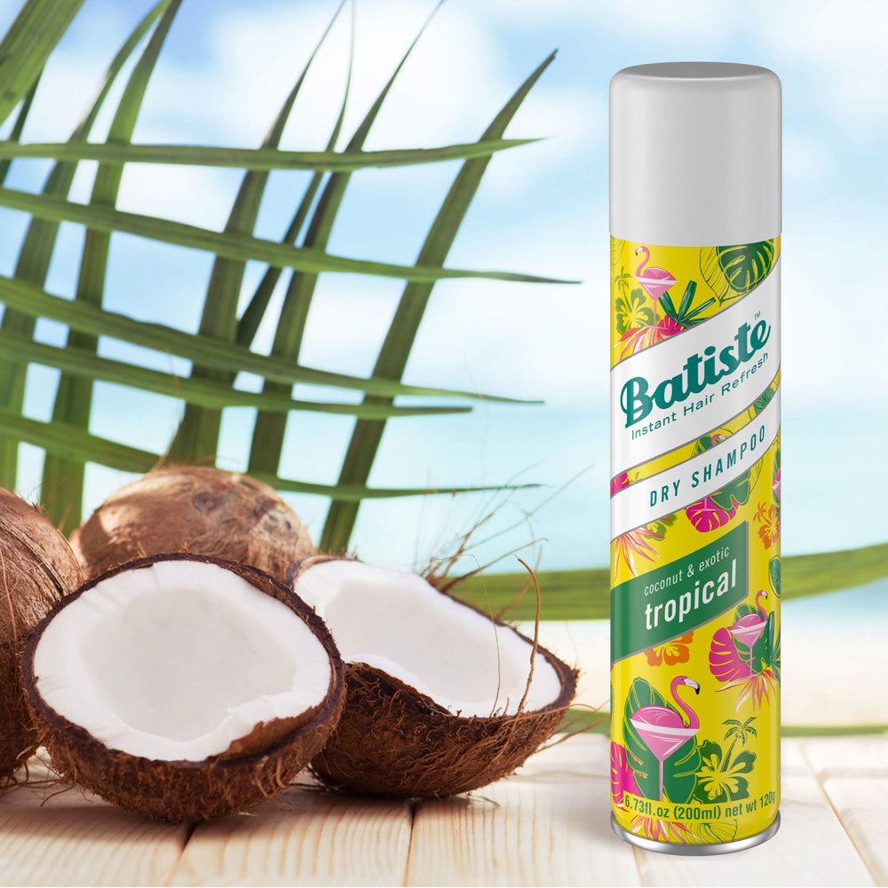 Batiste Tropical Dry Shampoo on-head use shows massage and style step