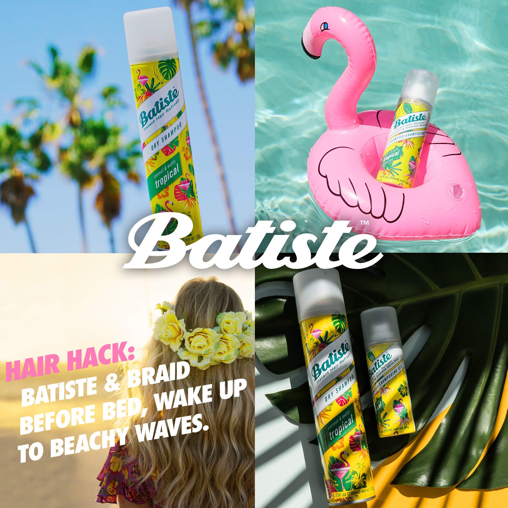 Batiste Tropical Dry Shampoo spray-dispense demonstrates quick application between errands