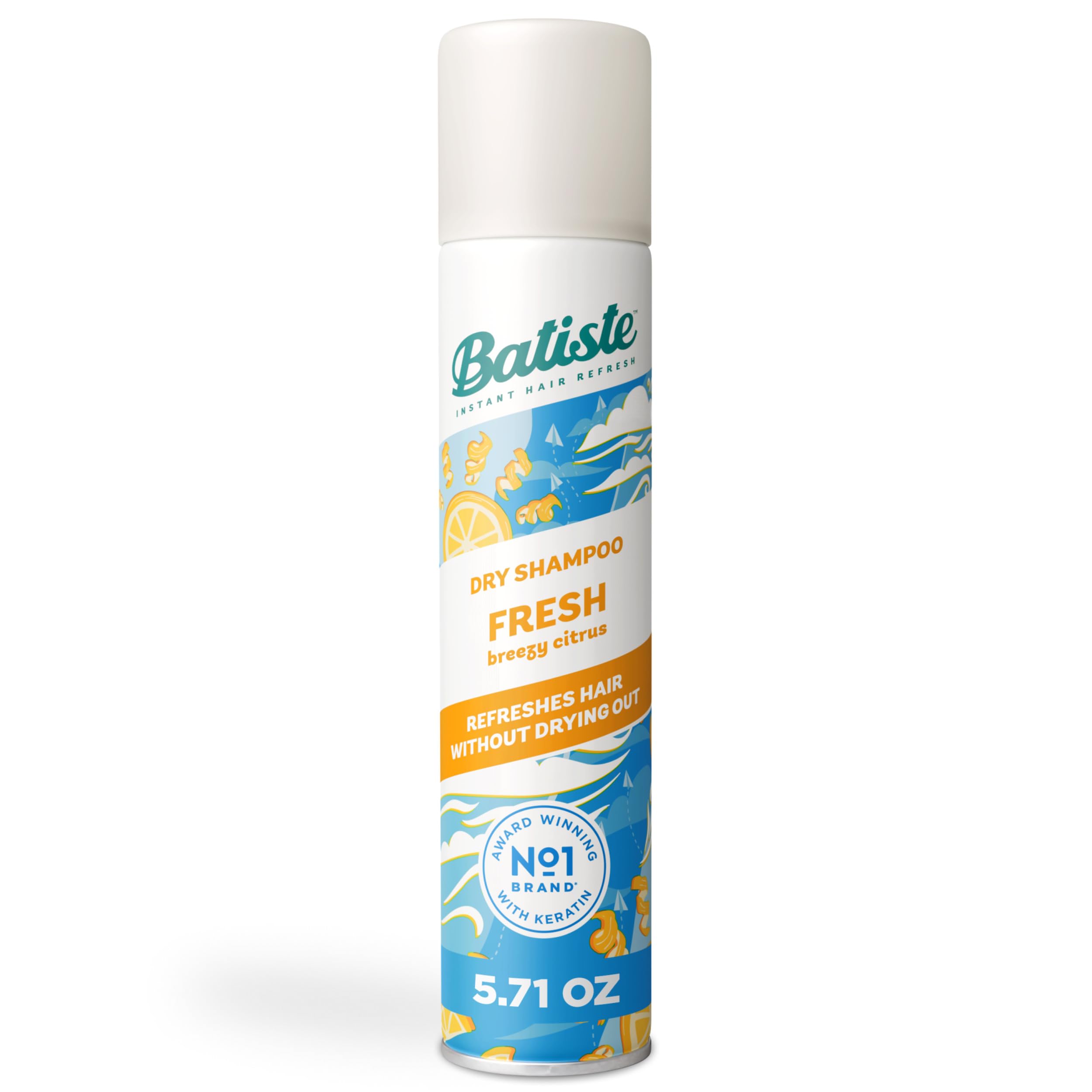 Batiste Fresh Dry Shampoo bottle pouring spray for instant root refresh.