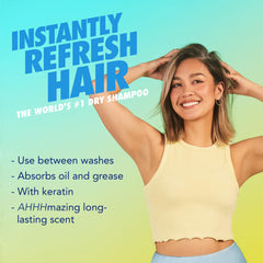 Batiste Fresh Dry Shampoo spray application shows quick, oil-absorbing refresh.