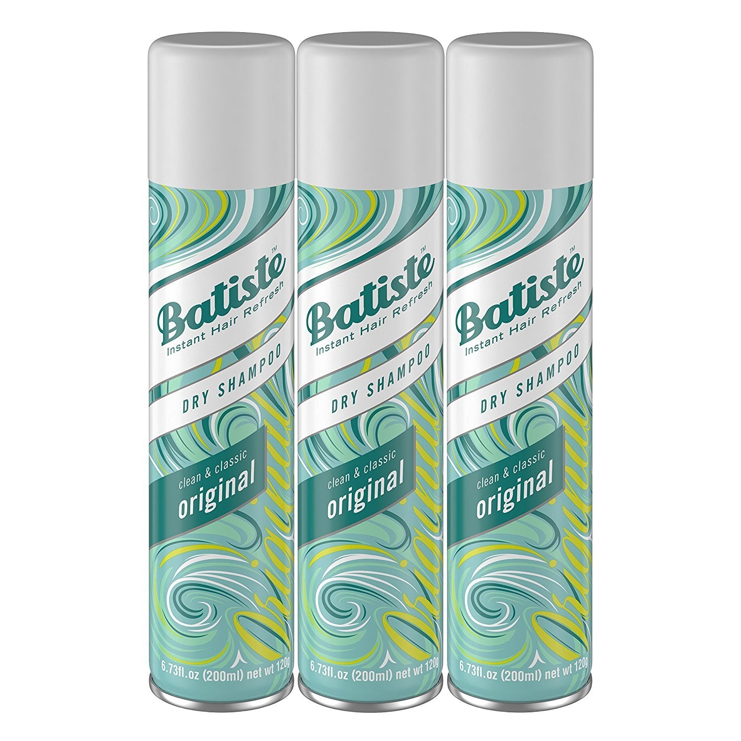 Batiste Original Dry Shampoo bottle pours to refresh roots between washes.