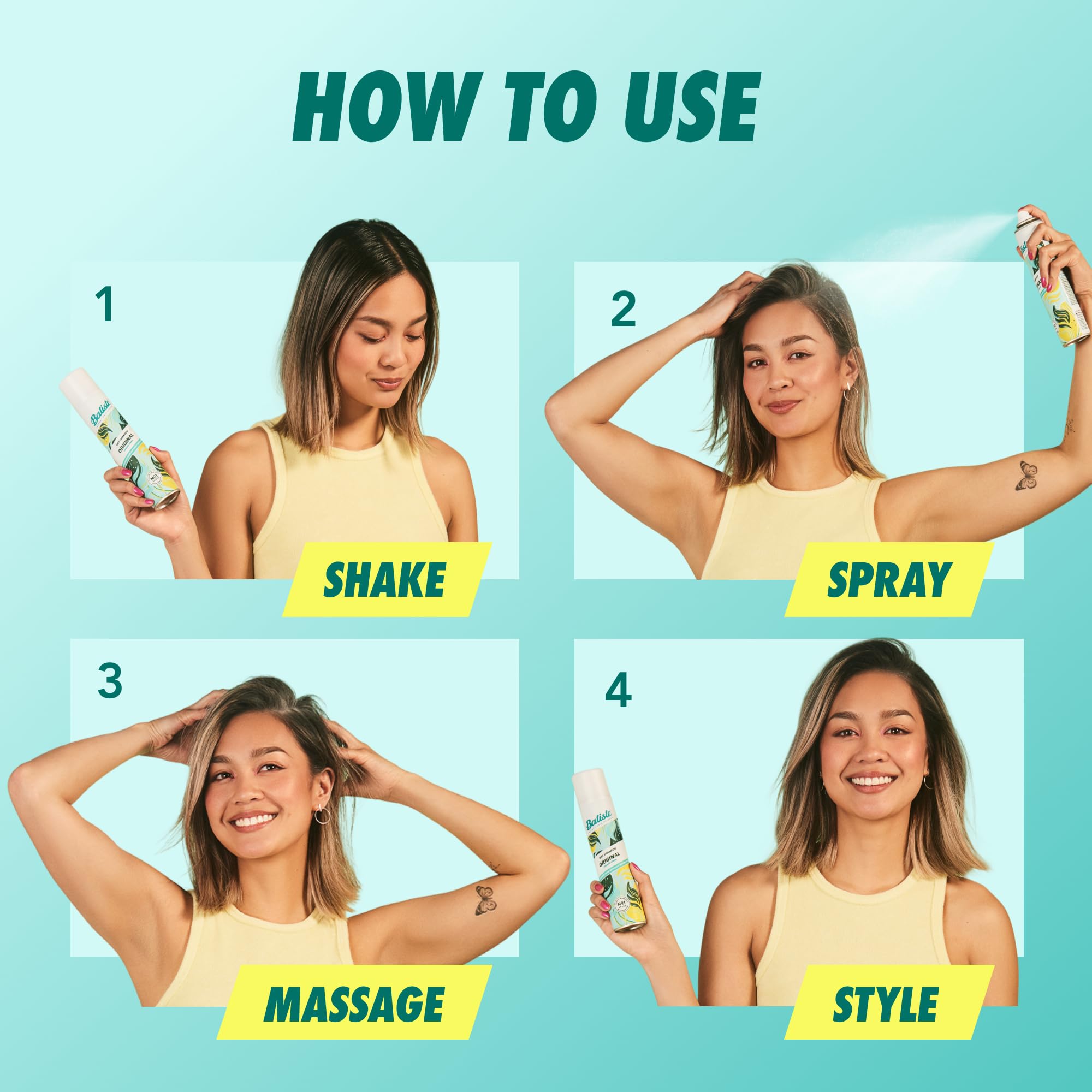 Batiste Original usage tips photo guides simple spray and massage steps.