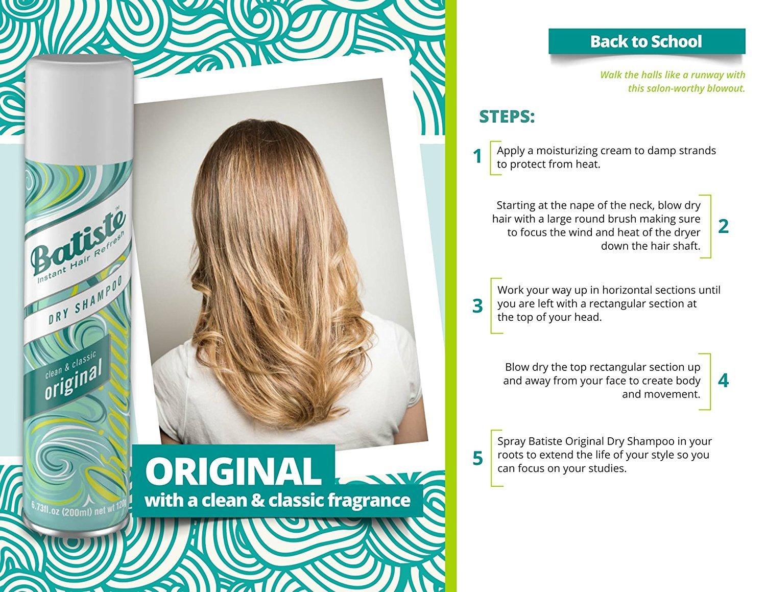 Batiste Original Dry Shampoo spray application enhances volume without water.