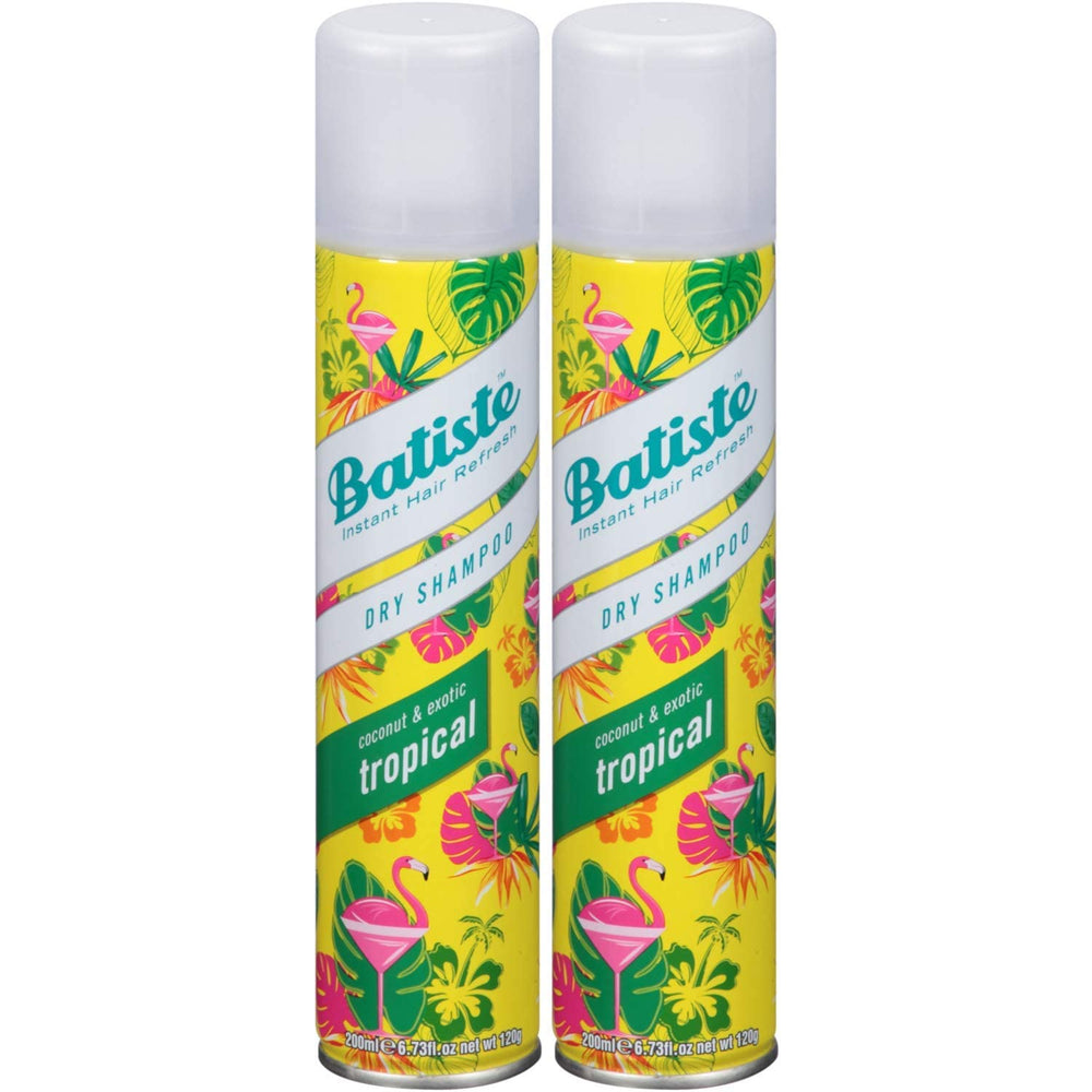 Batiste Tropical Dry Shampoo bottle pour showing oil absorption between washes