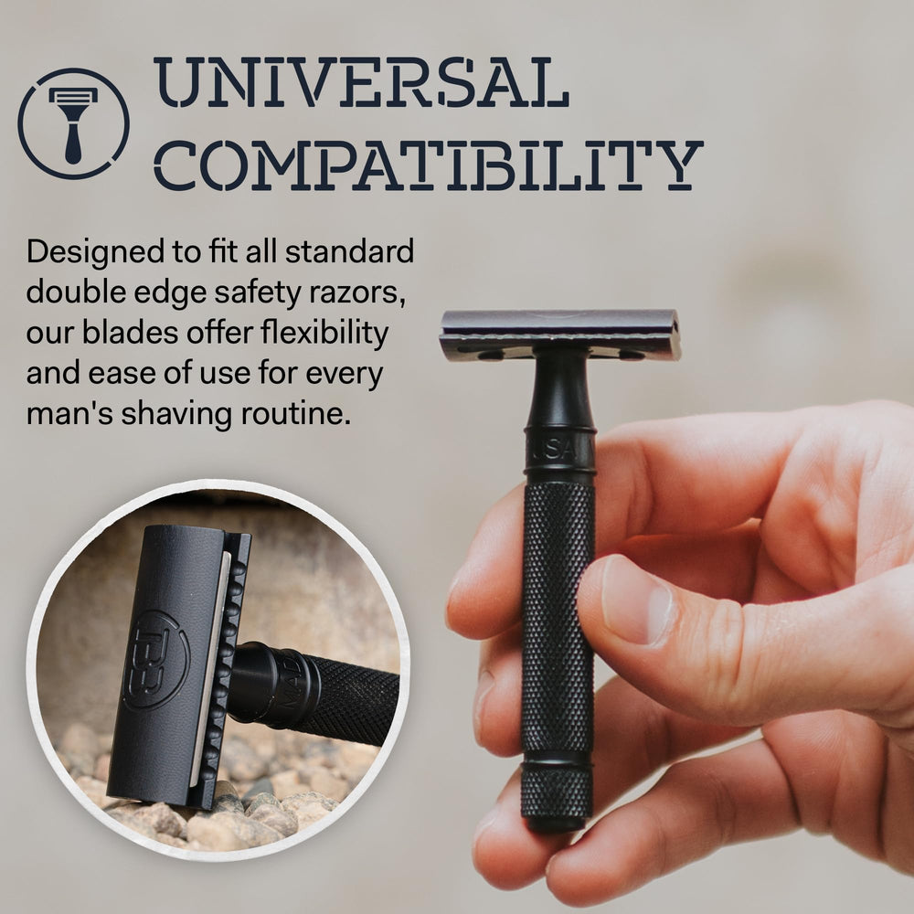 Battle Brothers Shaving Co premium stainless steel blades sustain a sharp edge for consistent shaves.