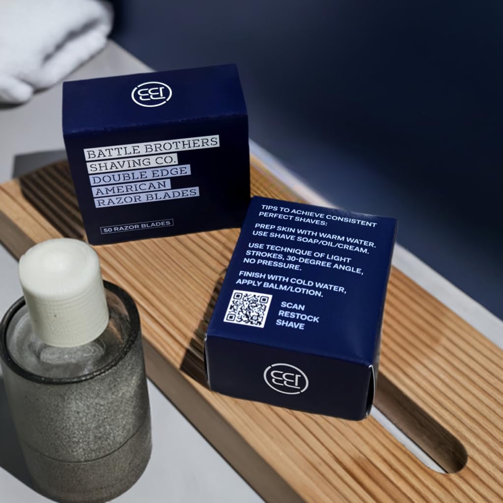 Battle Brothers Shaving Co stainless steel blades maintain alignment and compatibility with most safety razors.