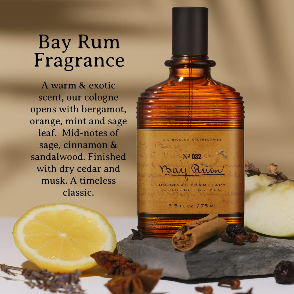 Bay Rum fragrance notes include bergamot, orange and mint on packaging.