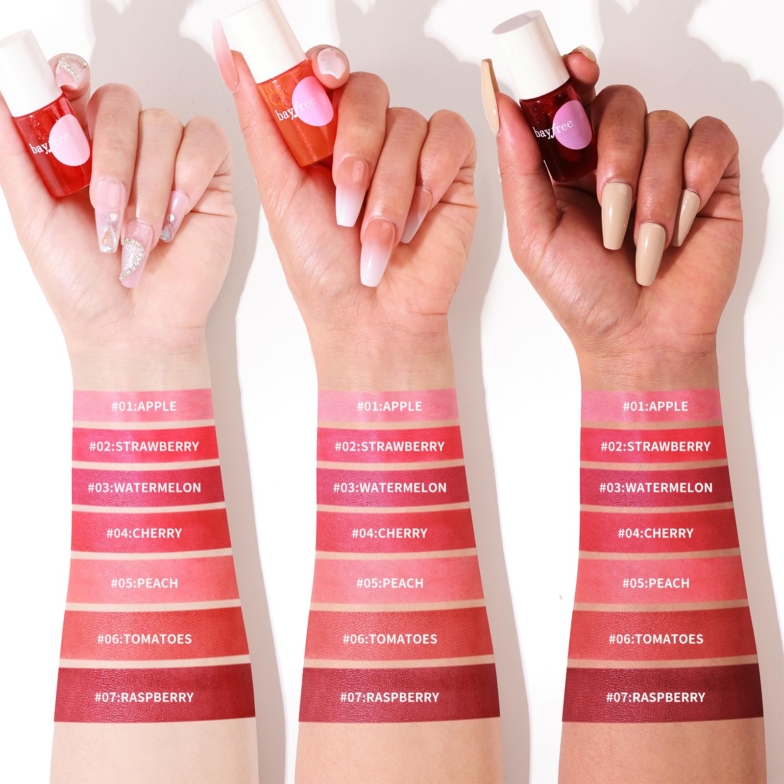 Bayfree Lip Tint Set dual-use formula works as lip color and liquid blush for versatility.