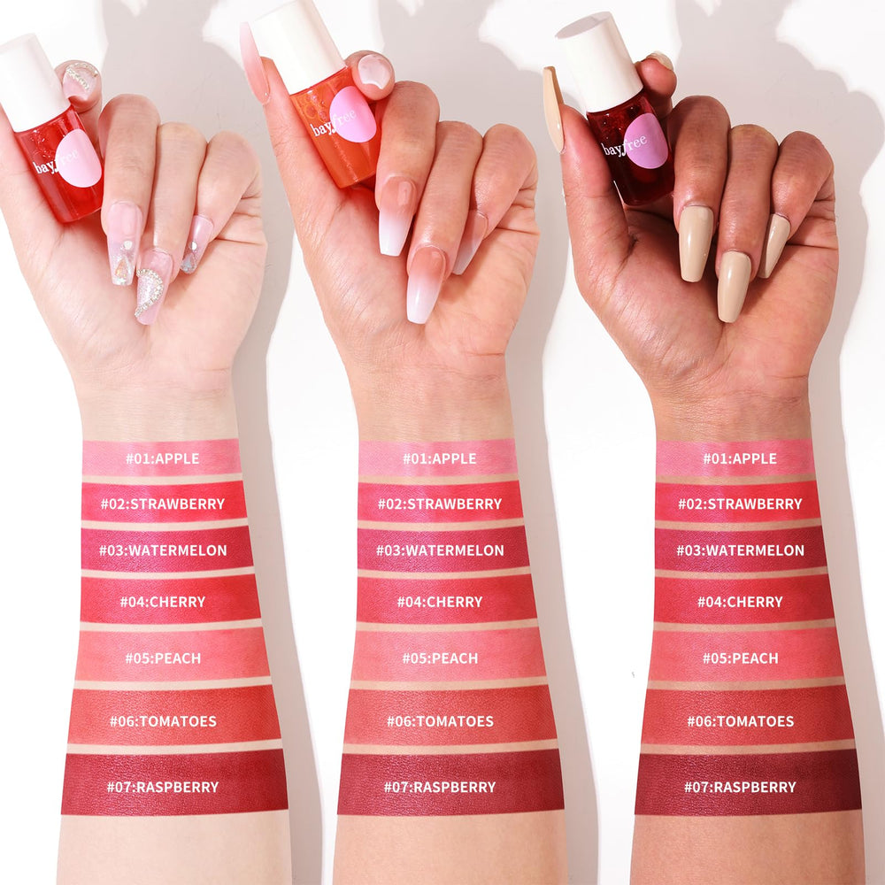 Bayfree Lip Tint Set dual-use formula works as lip color and liquid blush for versatility.