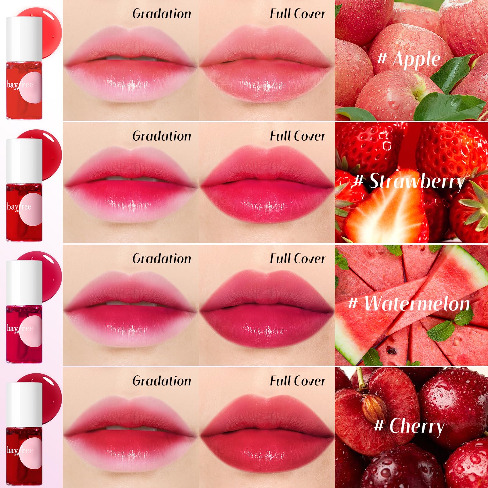 Bayfree lip tint application close-up shows smooth, non-sticky texture.