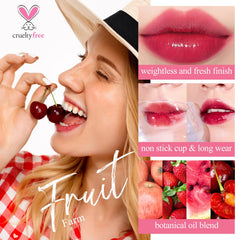 Bayfree Lip Tint Set swatches showcase fruit-farm shades for all-day, transfer-proof lips.