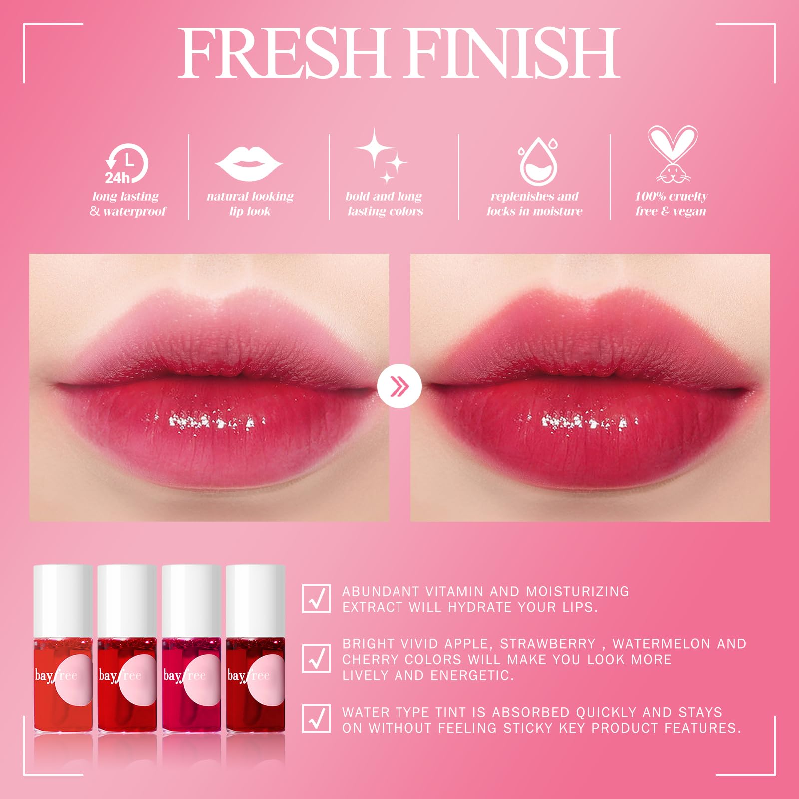 Bayfree Lip Tint Waterproof formula delivers vibrant pigment with smear-proof, long-lasting wear.