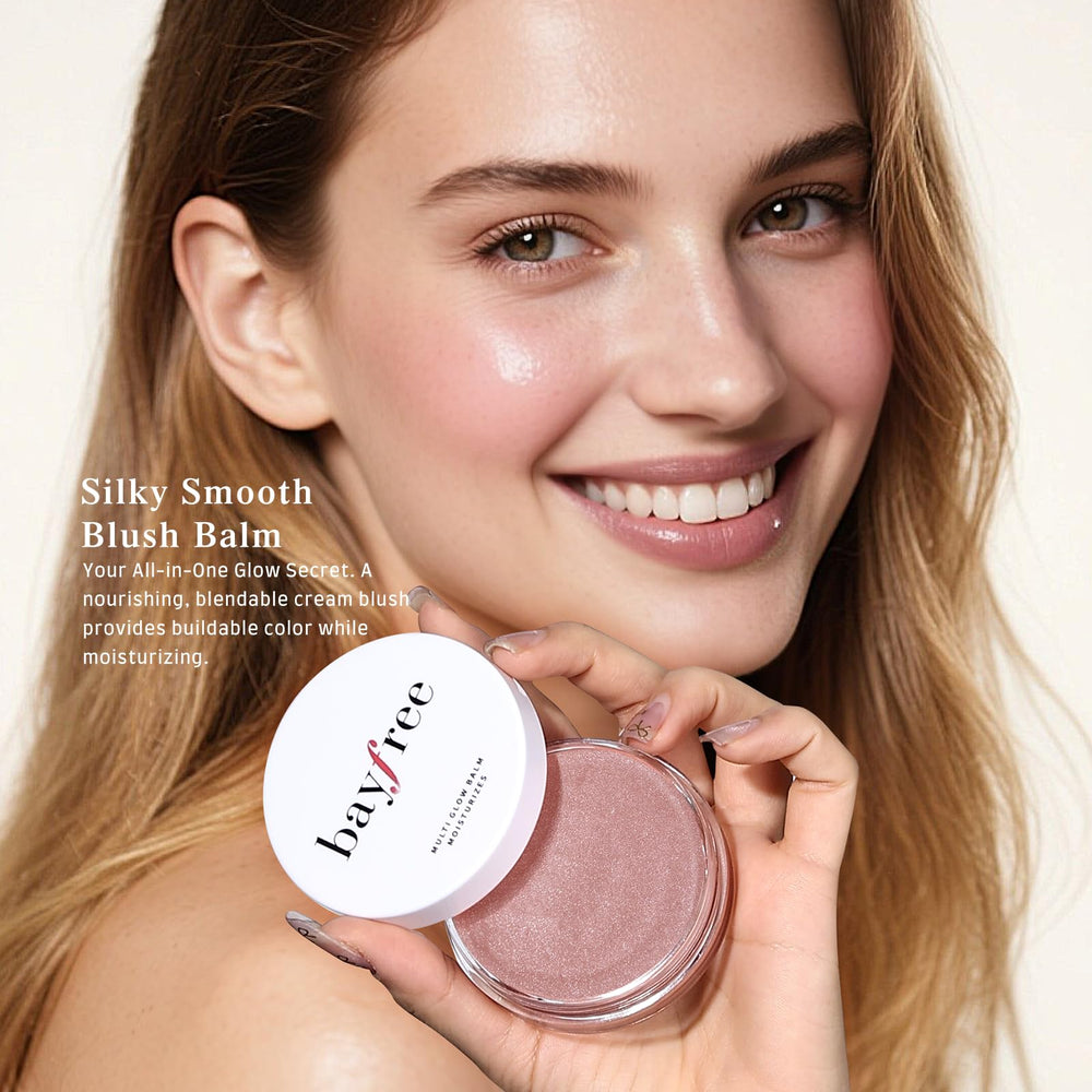 bayfree Multi Glow Balm brush-application demonstrates blendable color for subtle to bold looks