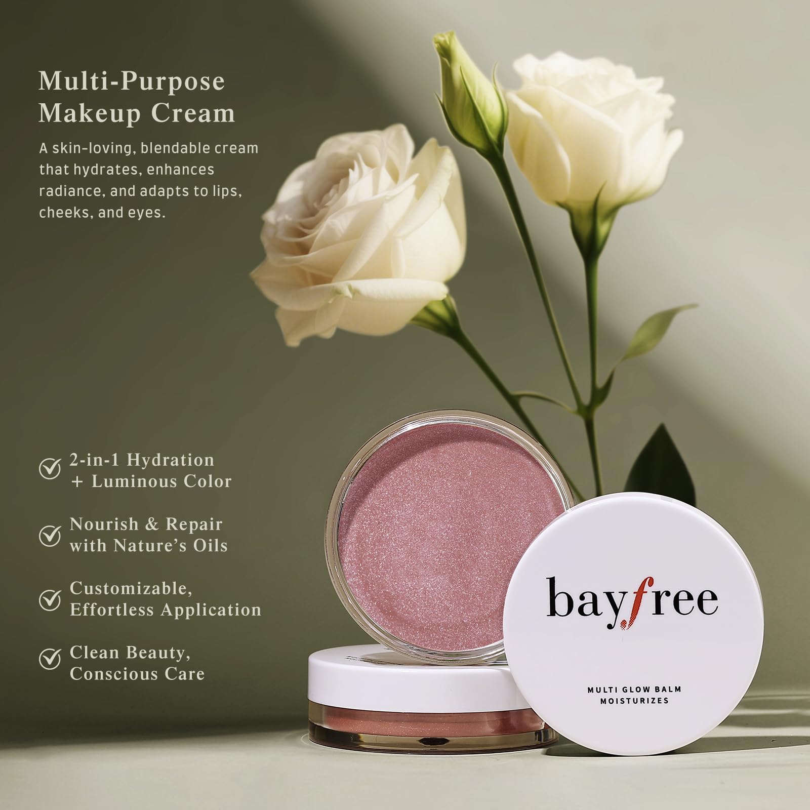 Bayfree Multi Glow Balm lip application demonstrates sheer hydration and subtle tint.
