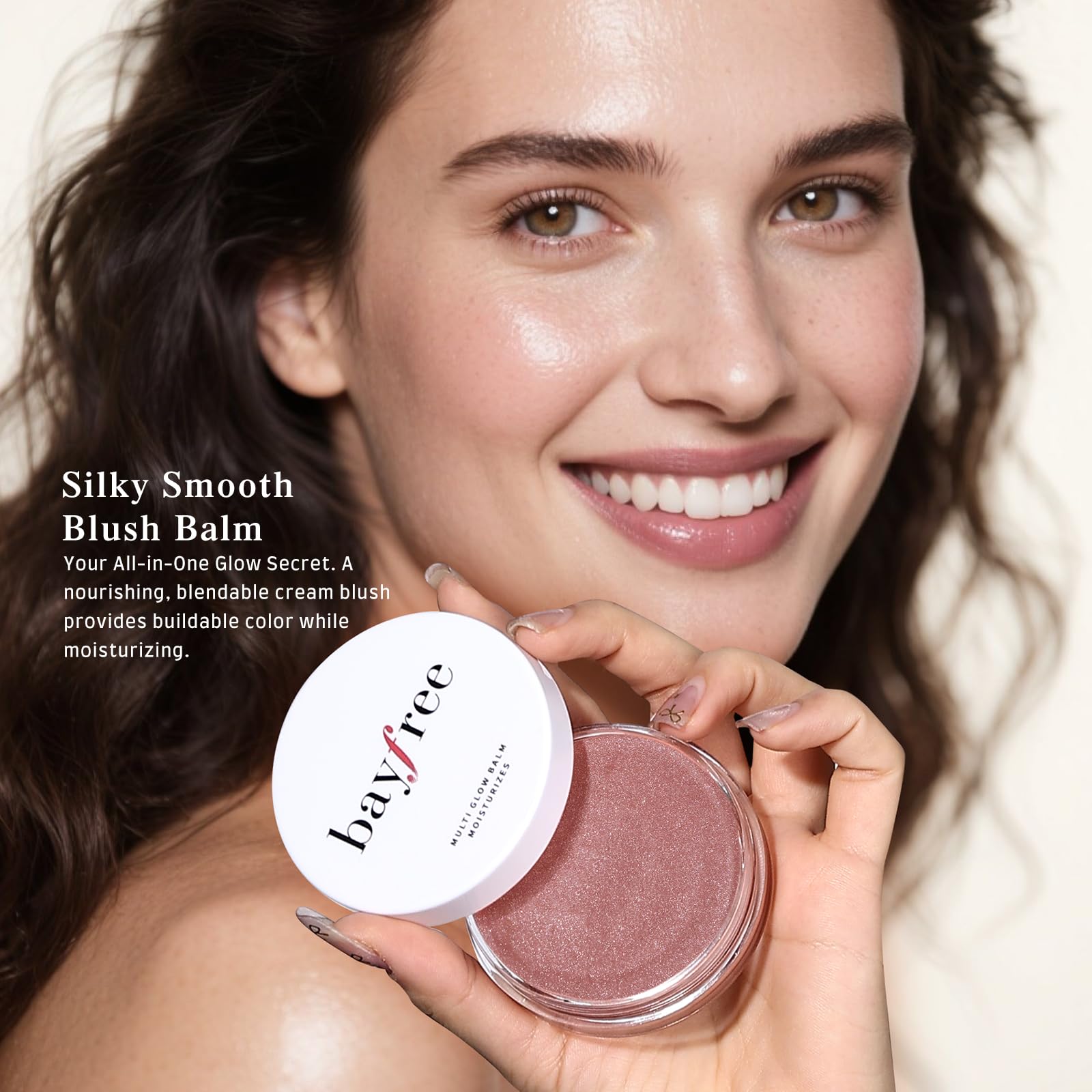 Bayfree Multi Glow Balm packaging-skin-friendly shot communicates compact, cruelty-free makeup.