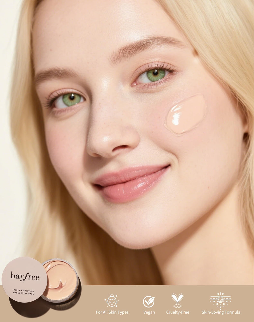 Bayfree tinted moisture foundation balm pump-dispense demonstrates easy, mess-free application.