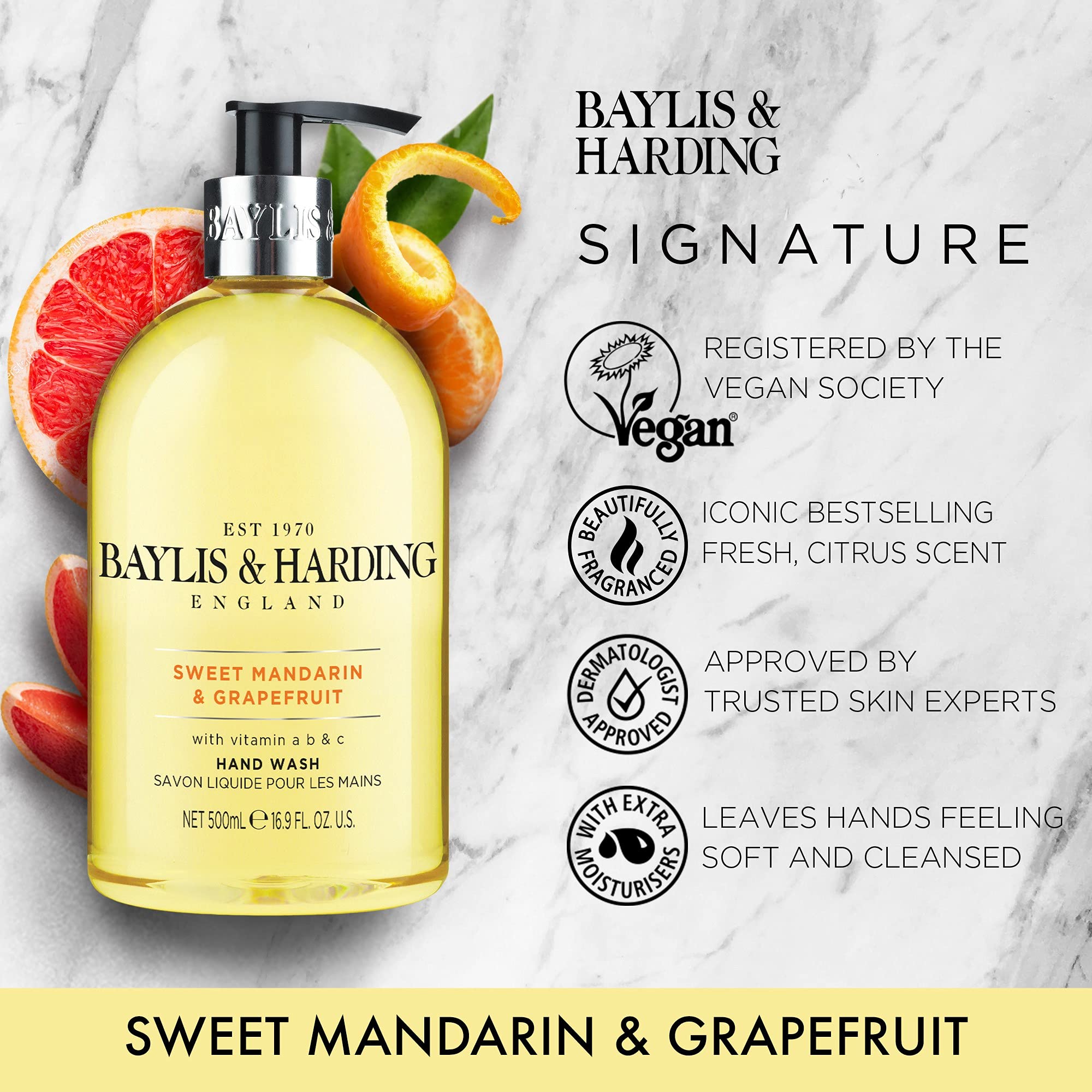 Closeup of Baylis & Harding hand soap dispenser pump for easy, mess-free use
