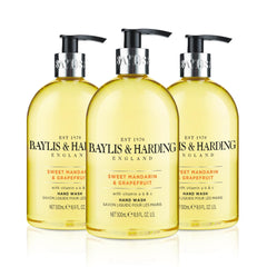 Baylis & Harding liquid hand soap dispenser showing Sweet Mandarin Grapefruit fragrance for refreshing cleansing