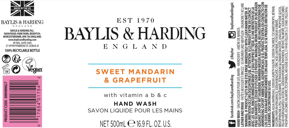 Made in UK label on Baylis & Harding hand soap bottle