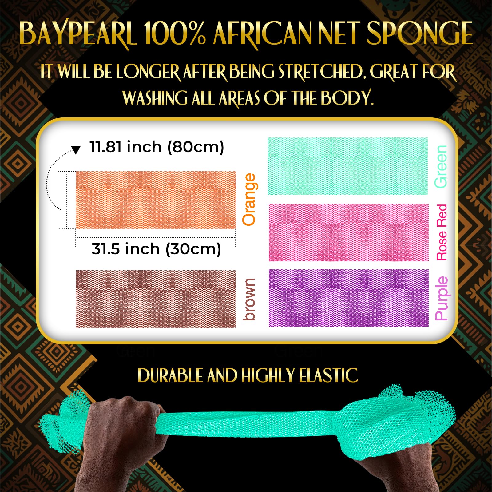 Baypearl African Net Sponge orange pack enhances lather and full-body reach during baths.
