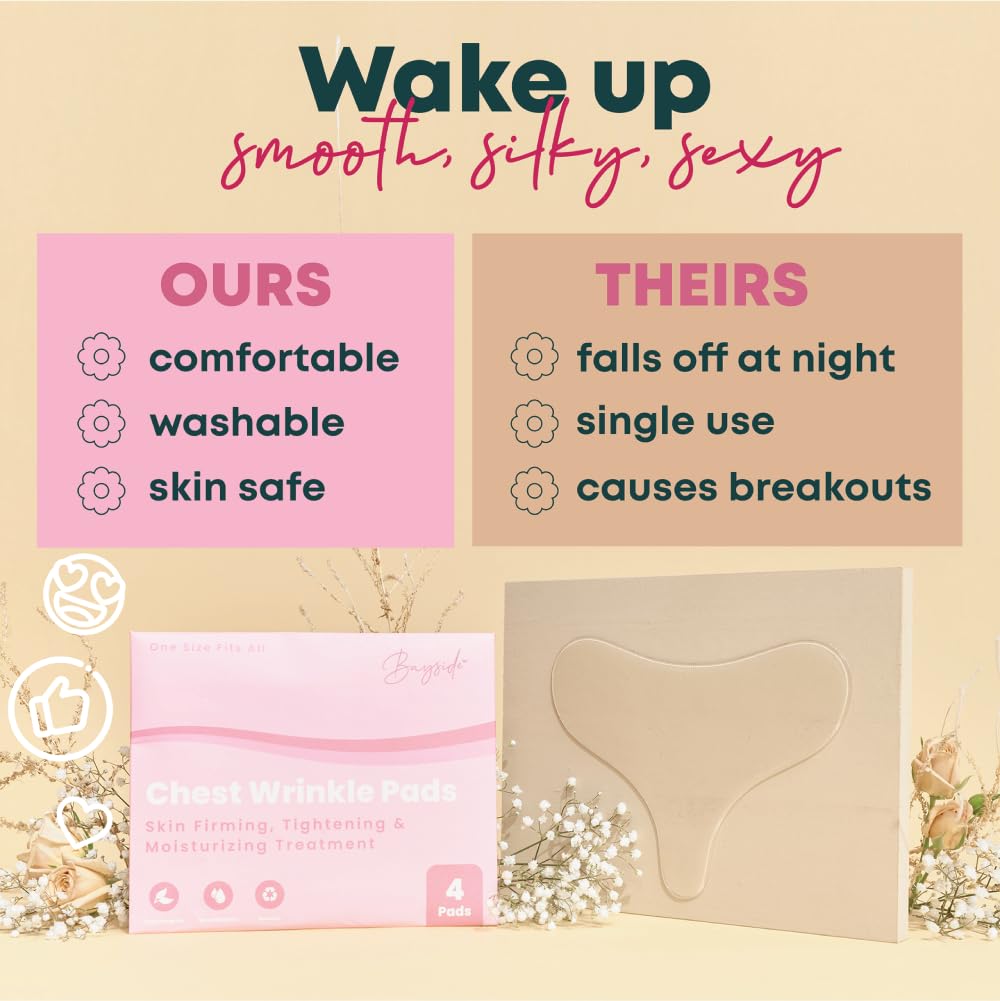 Bayside chest wrinkle patches worn at night for potential overnight smoothing.