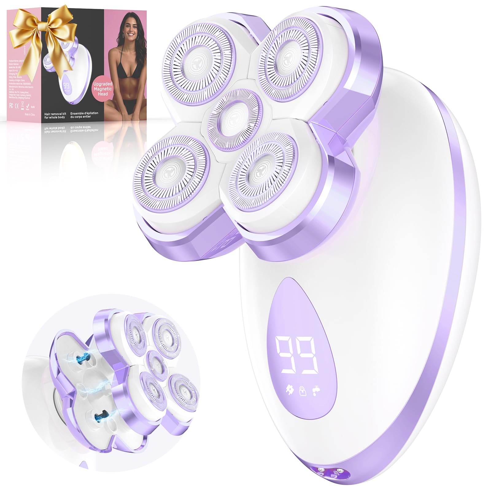 Bazivve electric razor 5D floating head closeup for precise contour shaving across legs and face.