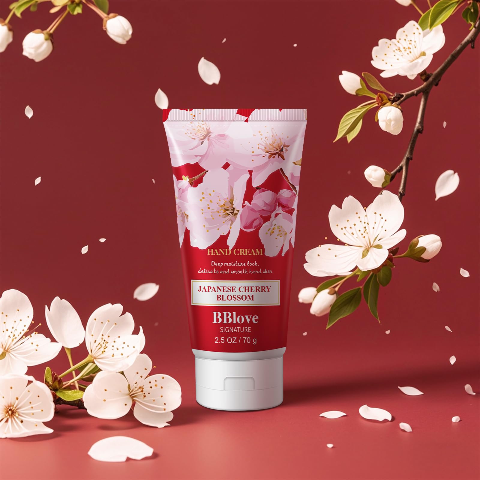 BBLOVE Japanese Cherry Blossom lotion close-up shows silky texture and quick absorption for dry hands.
