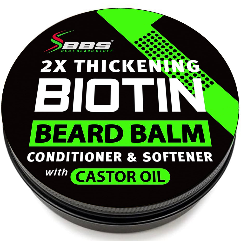 BBS Best Beard Stuff biotin balm bottle for fuller beard look.