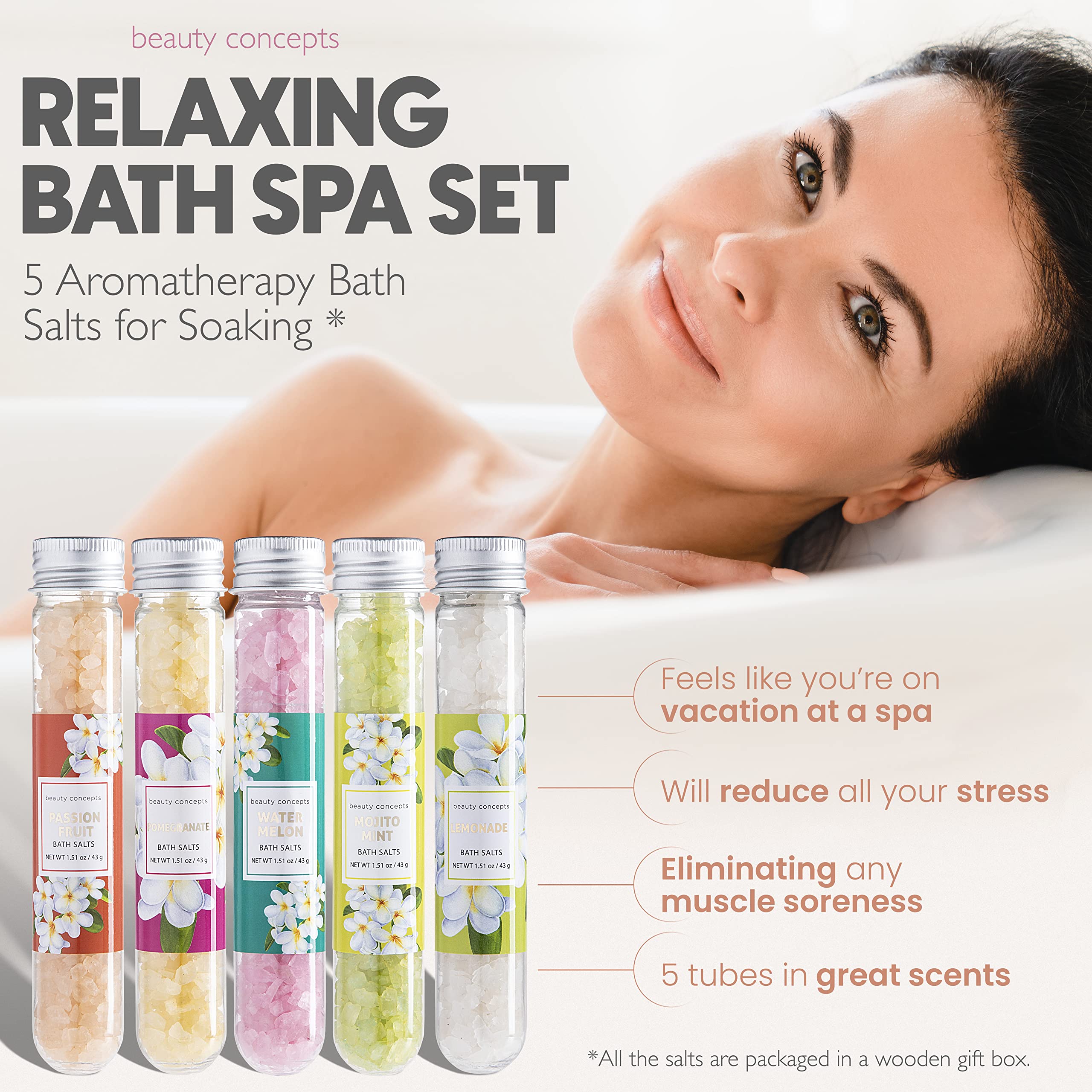 B.C Beauty Concepts lavender bath salts highlight soothing lavender scent for a peaceful soak.