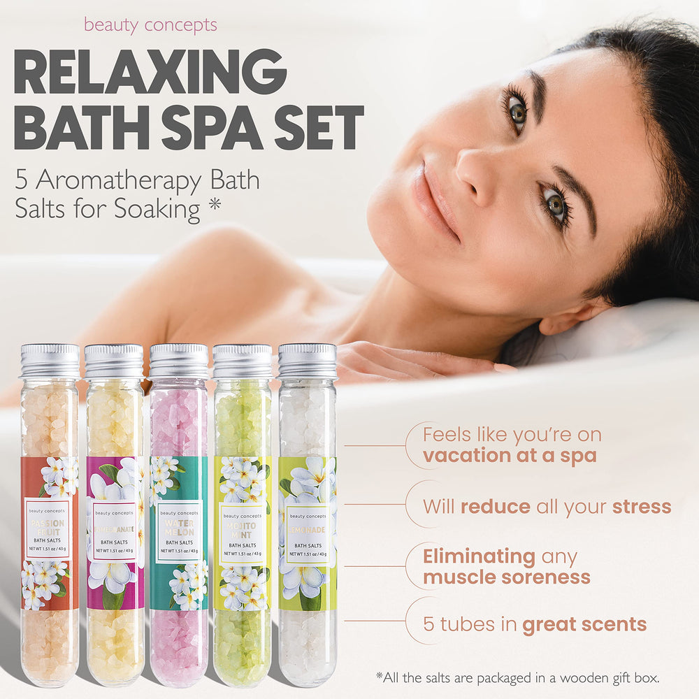 B.C Beauty Concepts lavender bath salts highlight soothing lavender scent for a peaceful soak.